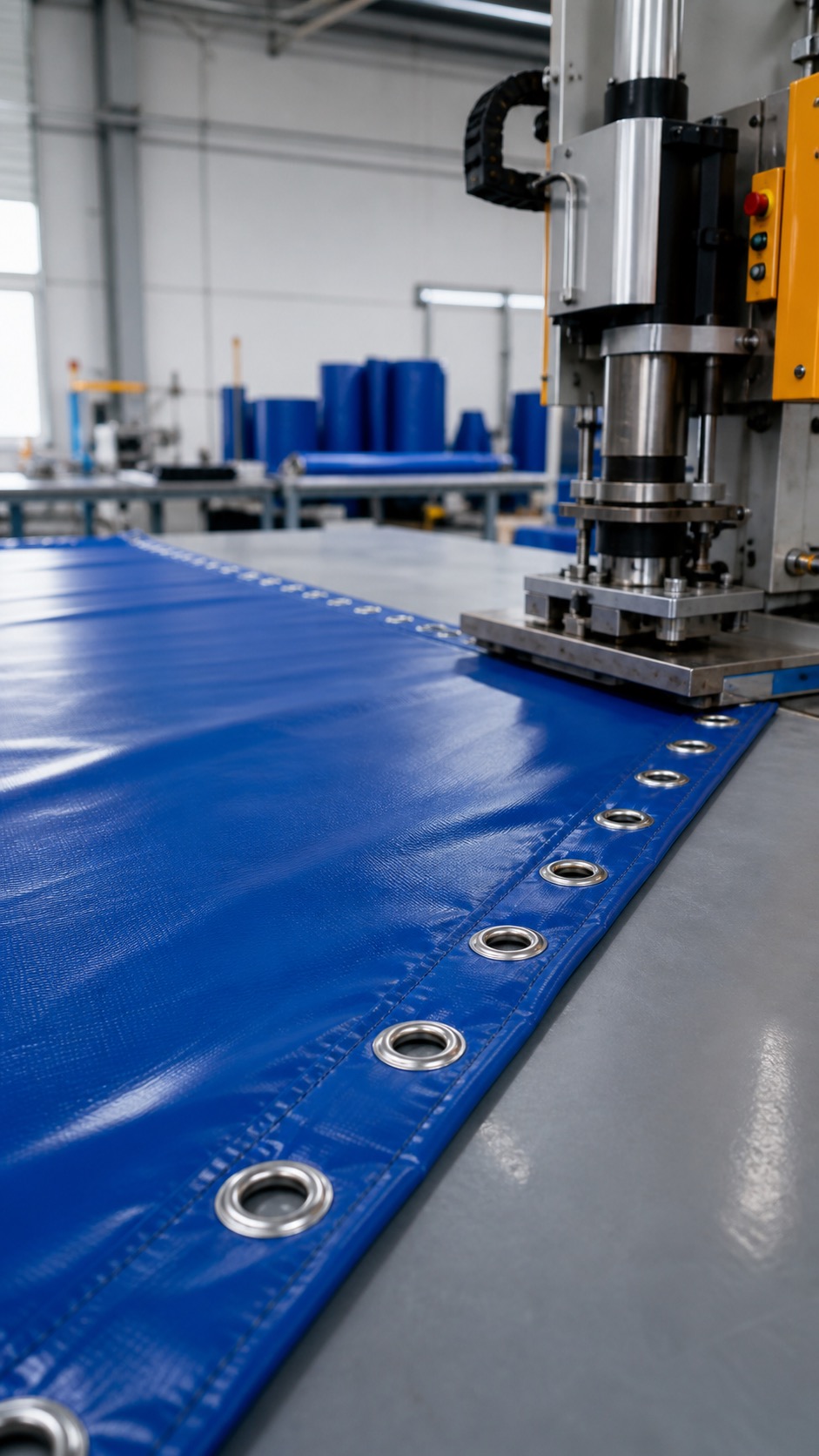 Finished PVC tarp panel with reinforced eyelets and production hardware during fabrication.
