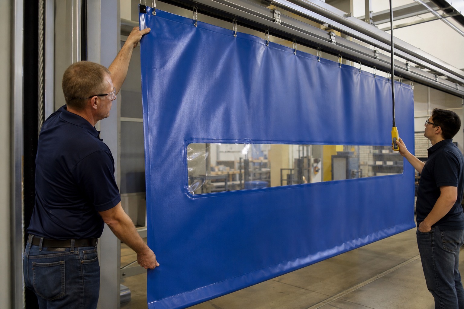 Warehouse divider curtain sample approval scene with inspection checklist and finished PVC panel.