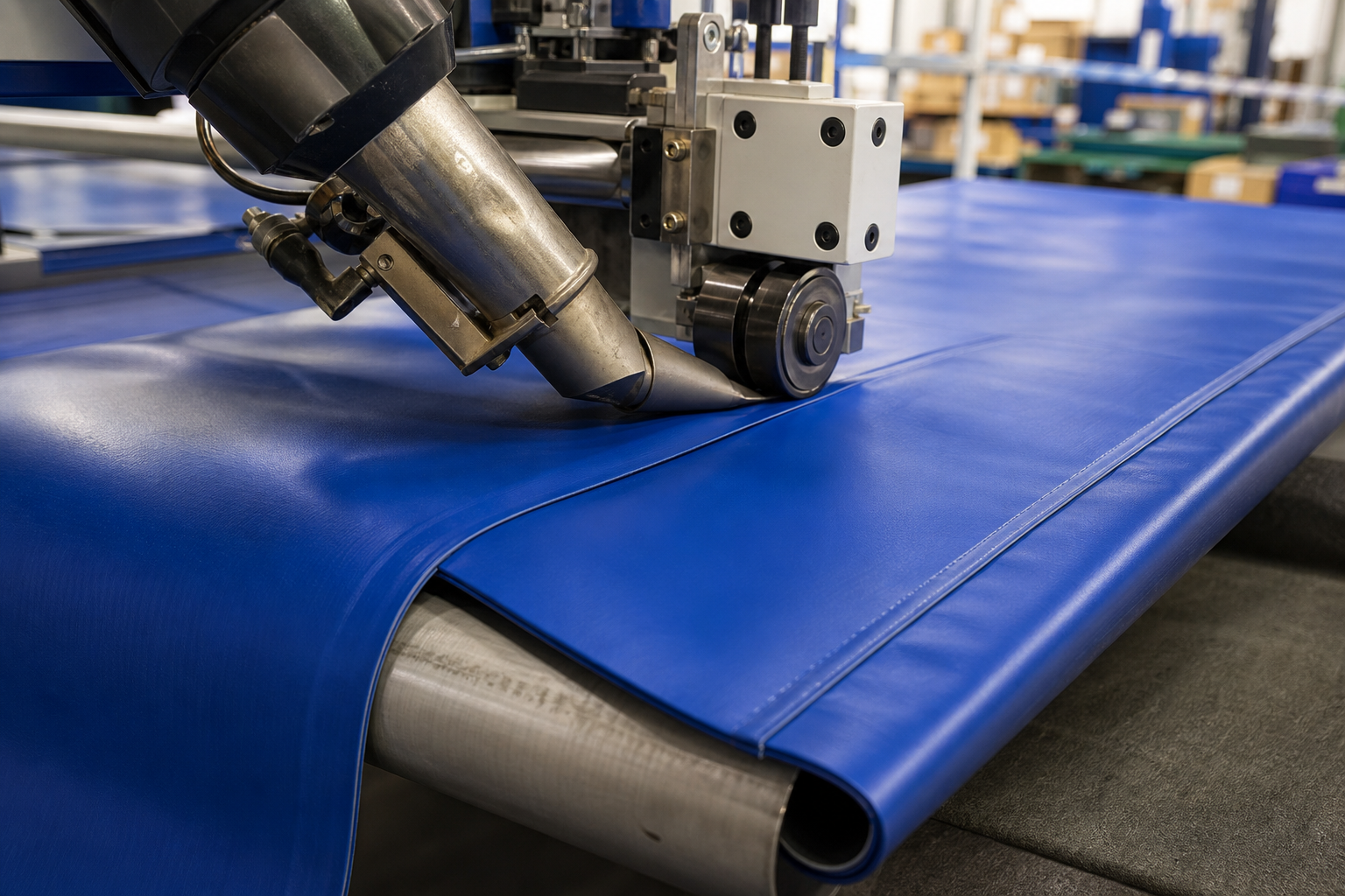 Hot air welding machine creating a long straight seam on a blue PVC truck tarp panel