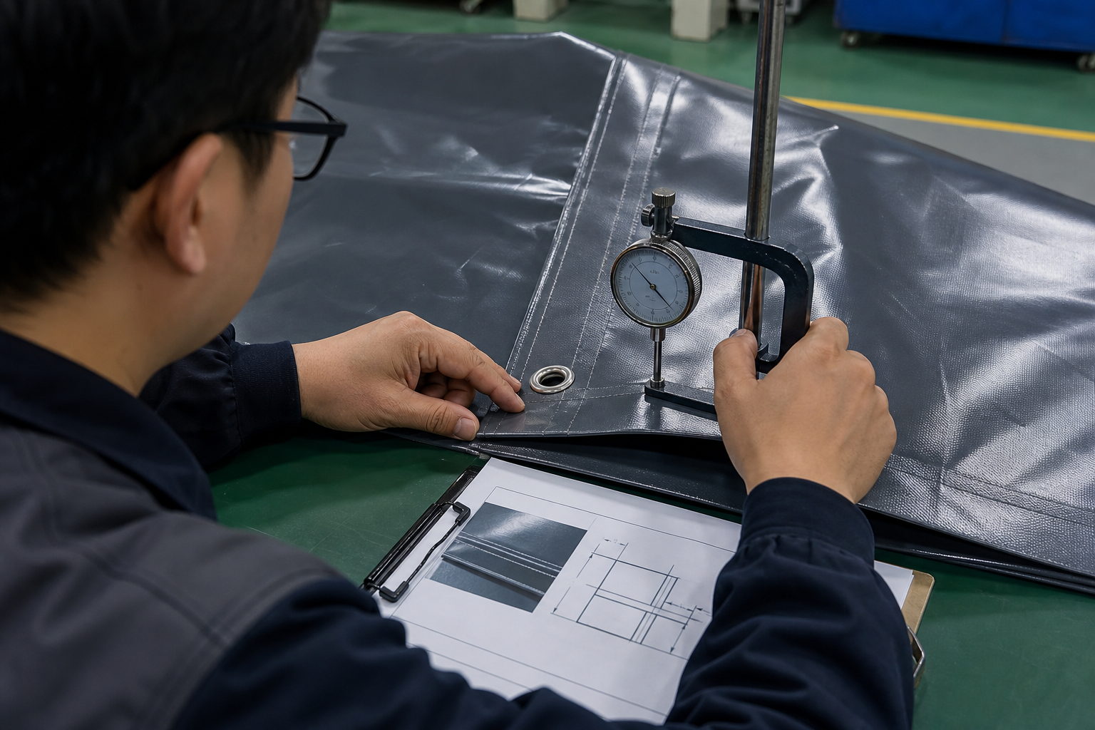 Factory inspector checking welded tarp seam quality with peel test setup and dimensional review