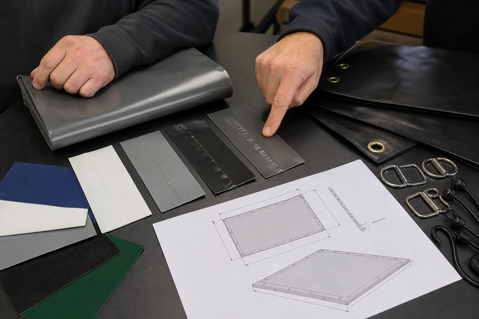 Buyer approval set with welded seam samples custom tarp drawing hardware and PVC material references