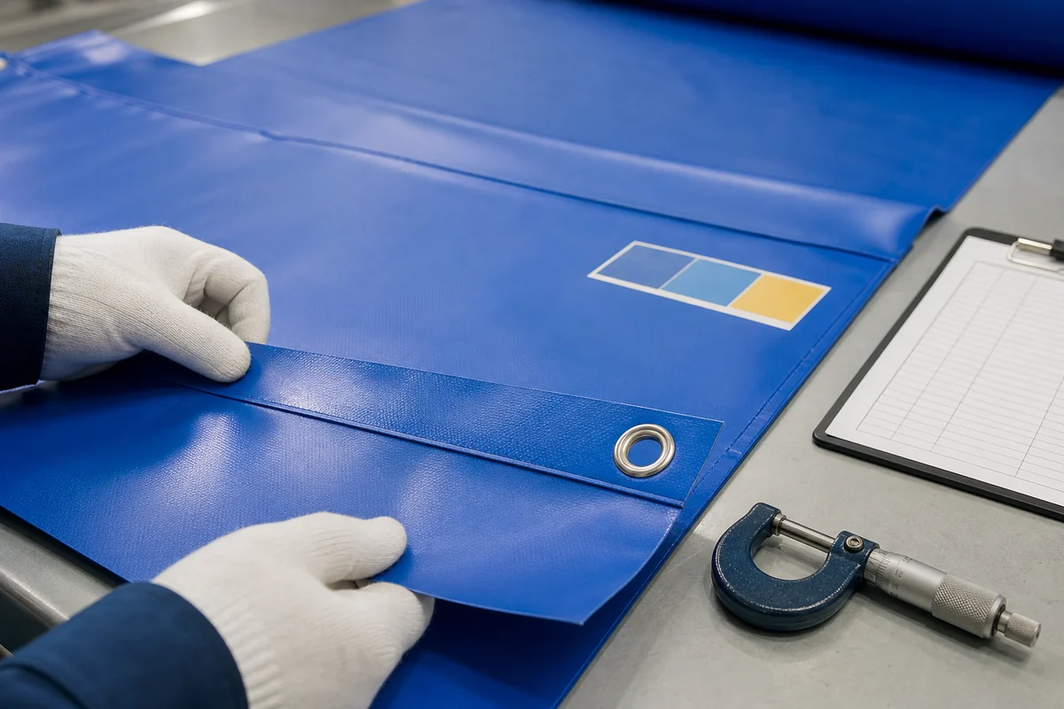 PVC coated tarpaulin surface edge and printing inspection for slip and slide products