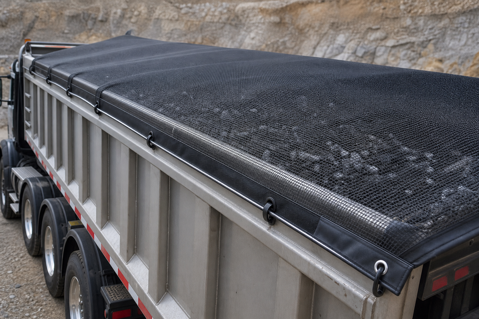 Dump truck mesh tarp material used for breathable debris control