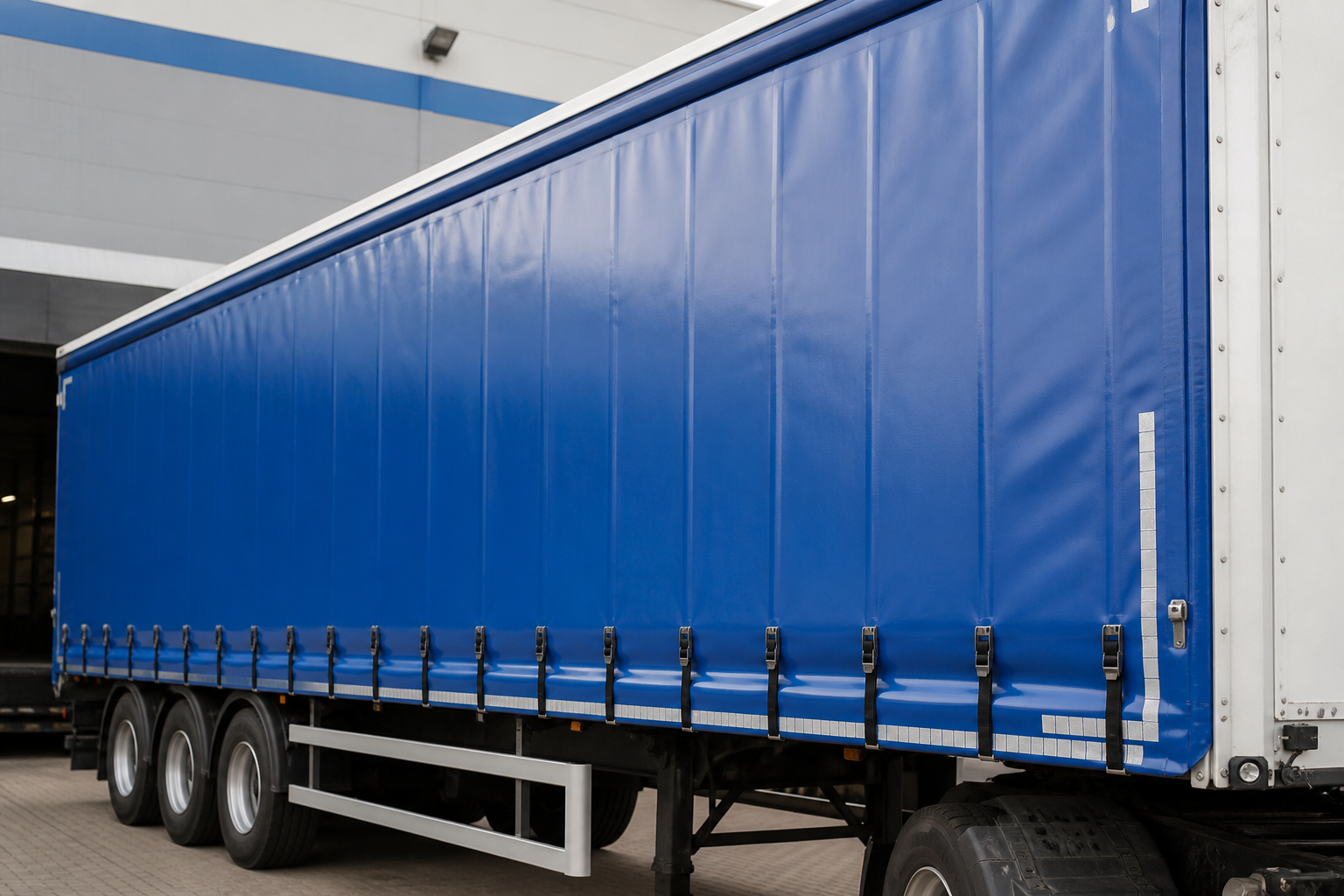 Truck side curtain material with printable welded transport fabric details