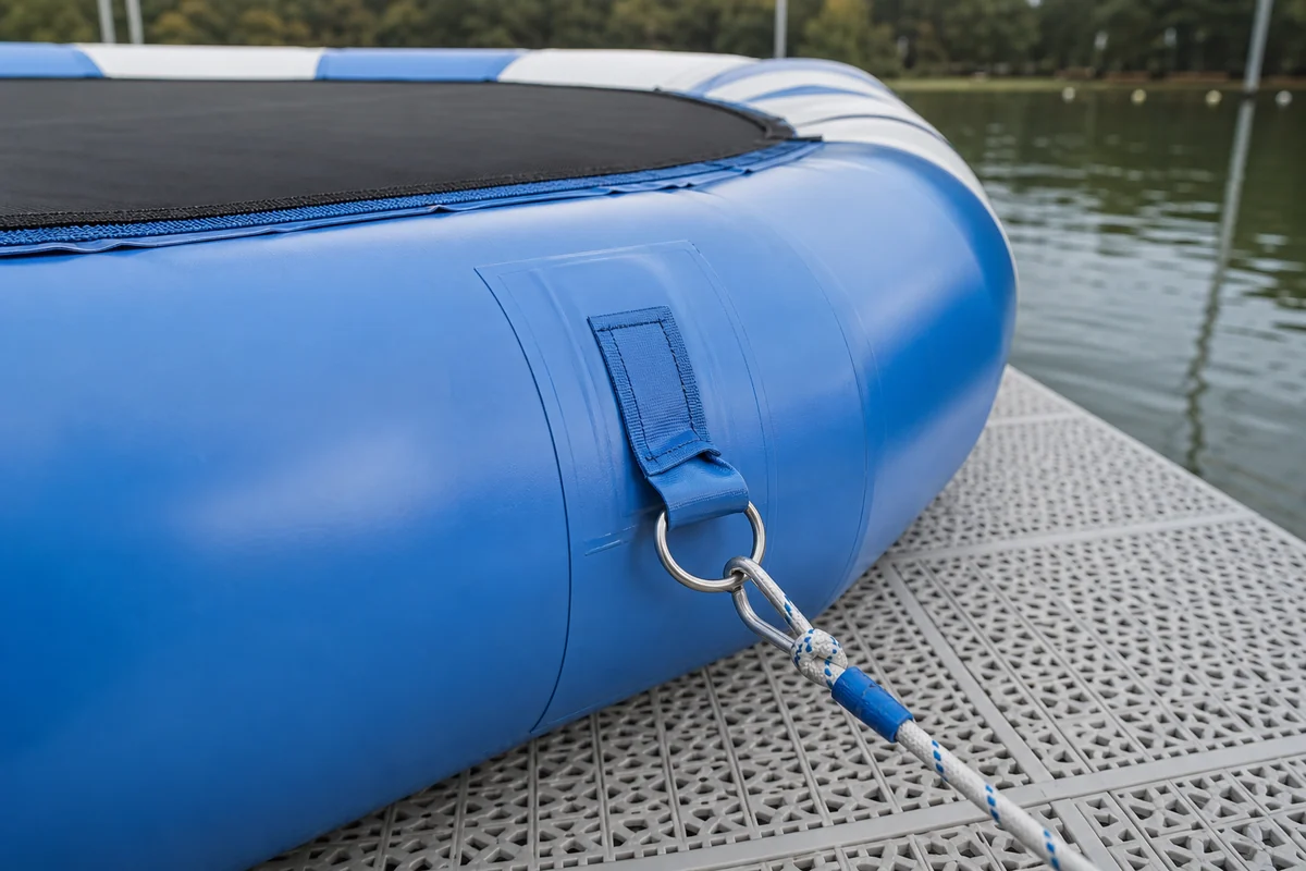 water trampoline anchor line and reinforced attachment point