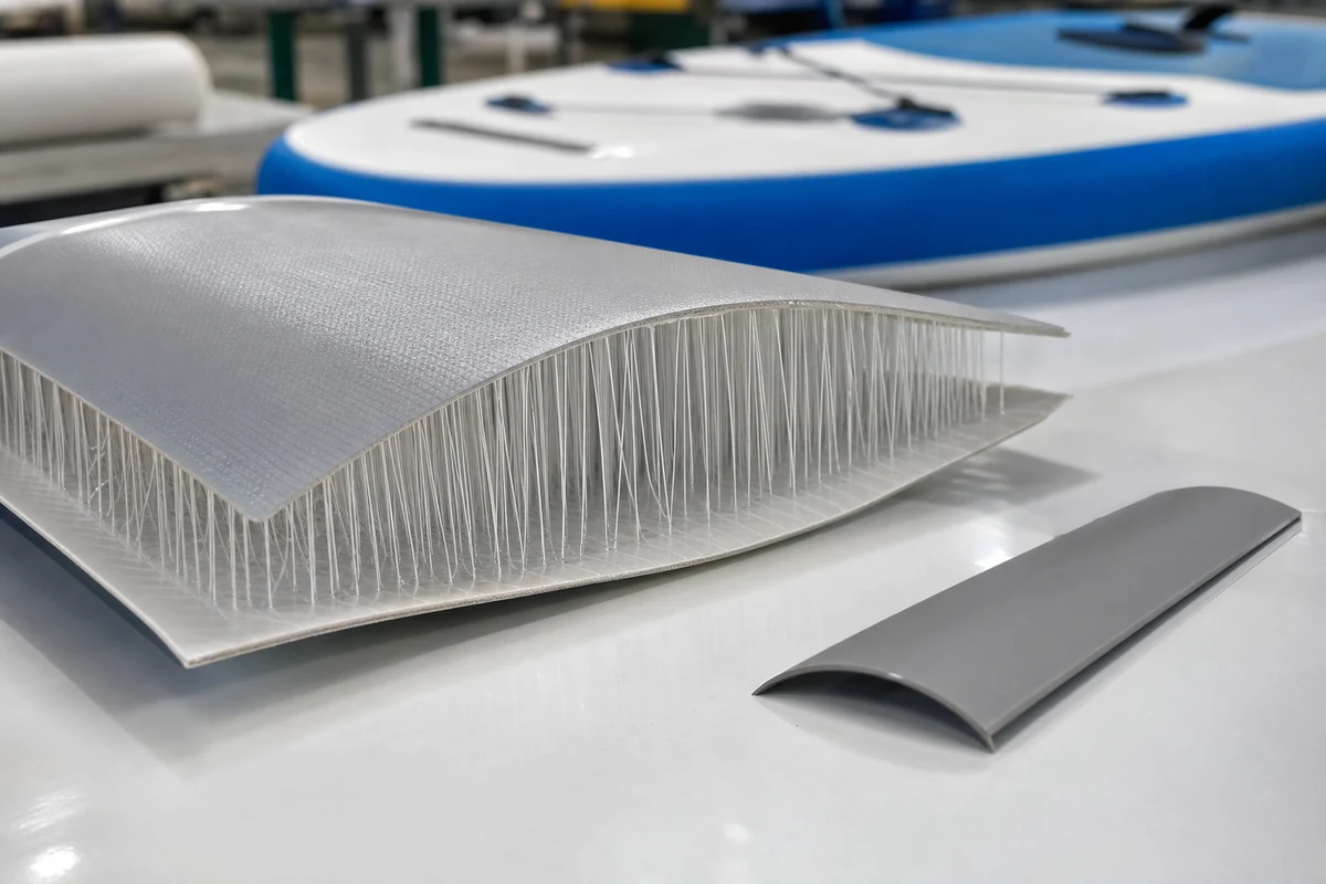 Cut sample of drop-stitch paddle board material showing coated faces and dense internal yarns