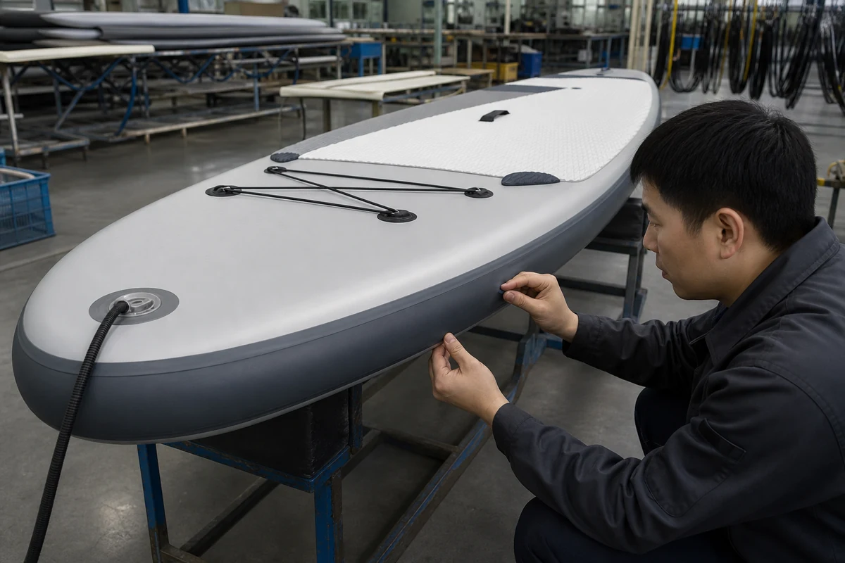 Technician inspecting the rail seam and valve area of an inflated SUP during quality control
