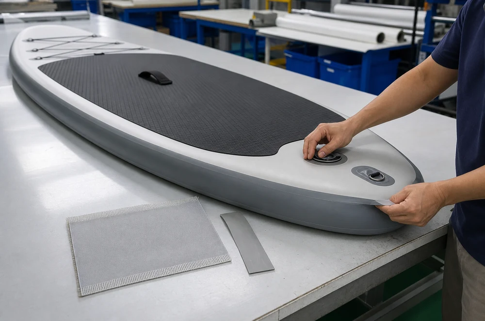 Inflatable paddle board on a factory inspection table with drop-stitch material and rail components