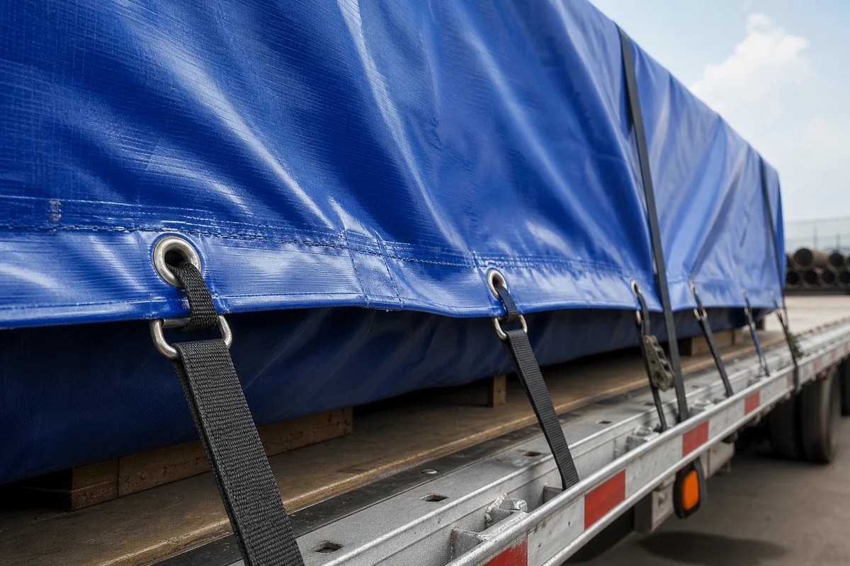 flatbed tarp edge under strap tension showing wind and load movement risk