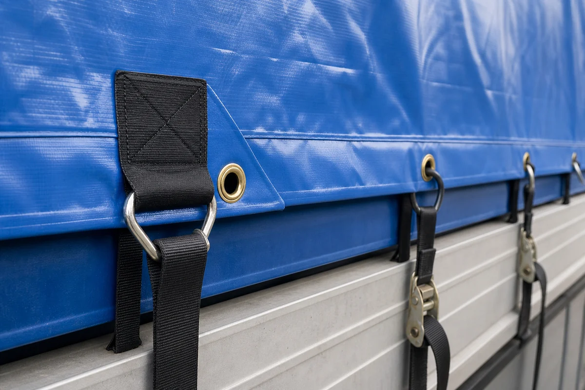 reinforced flatbed tarp hem with grommets D-rings and webbing load path