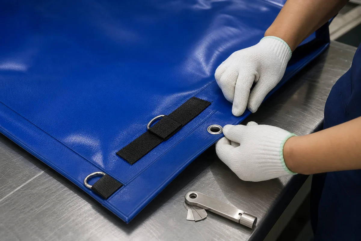 quality control sample check for flatbed tarp edge hardware and welded hem
