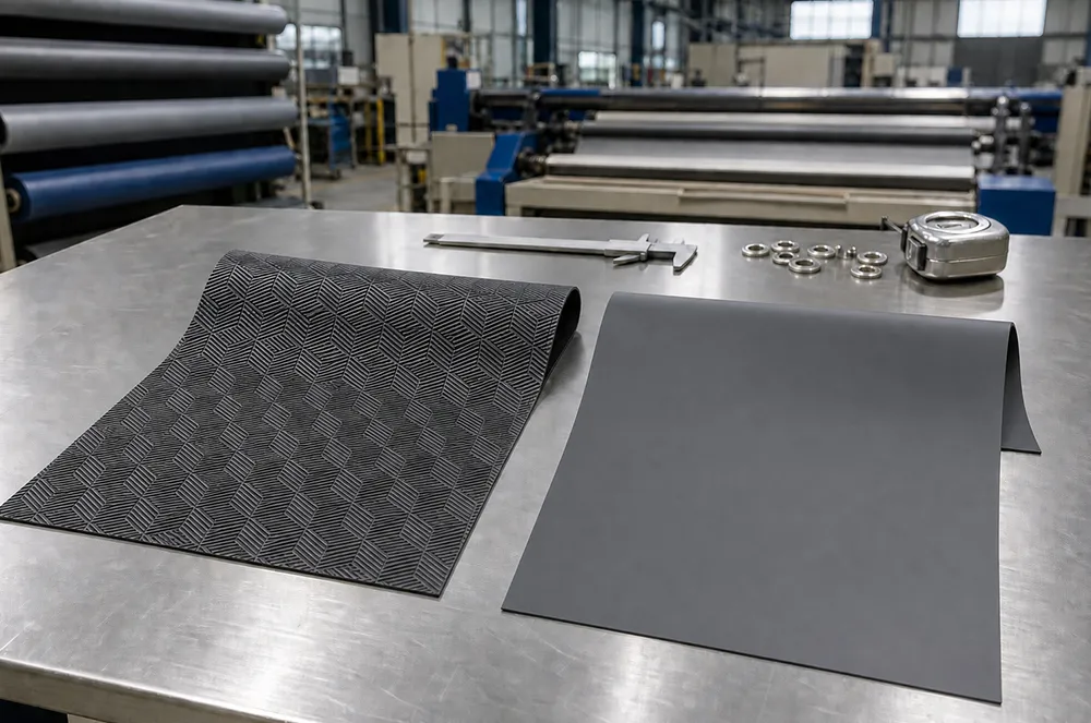 Embossed black coated fabric sample beside a smooth coated fabric sample