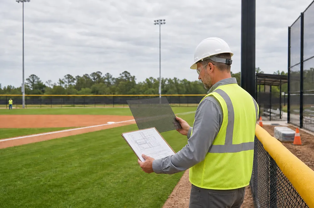Facility engineer reviewing a mesh sample and drawings beside a baseball outfield fence