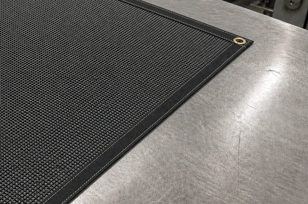 Black mesh pool cover panel with a reinforced stitched edge and eyelet
