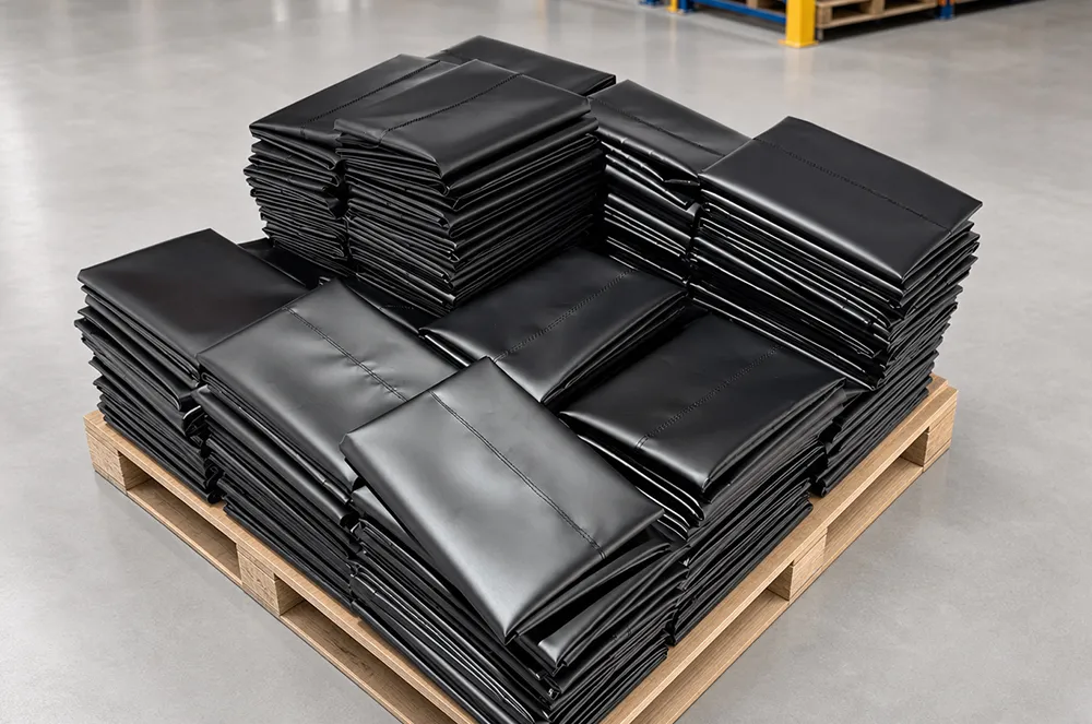 Large quantity of folded black custom tarps stacked on a pallet for bulk production