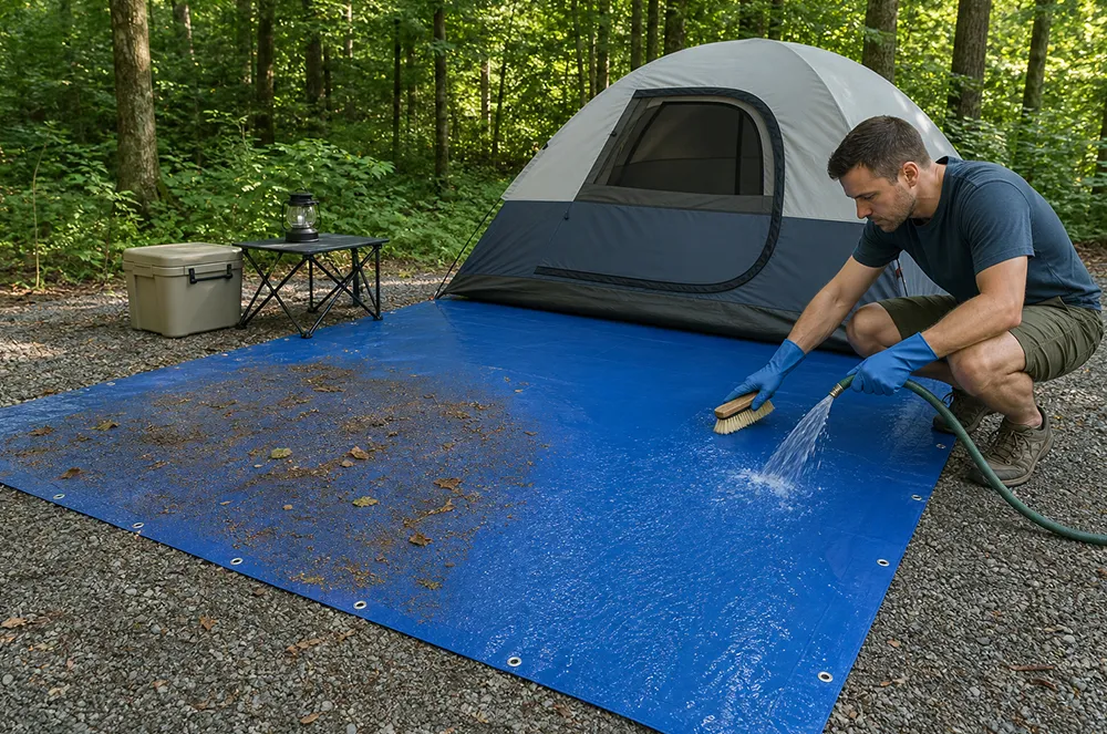 Camper cleaning a blue ground tarp with water and a brush