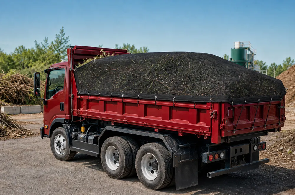 Black mesh cargo tarp secured over a loaded red dump truck