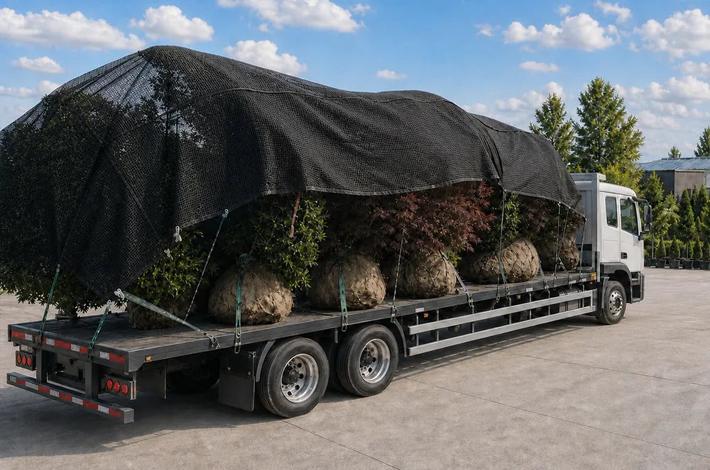 Black mesh cargo net secured over nursery stock on a flatbed truck