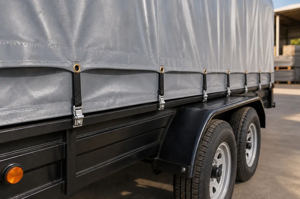 Cargo trailer tarp secured with evenly spaced webbing straps along the reinforced hem