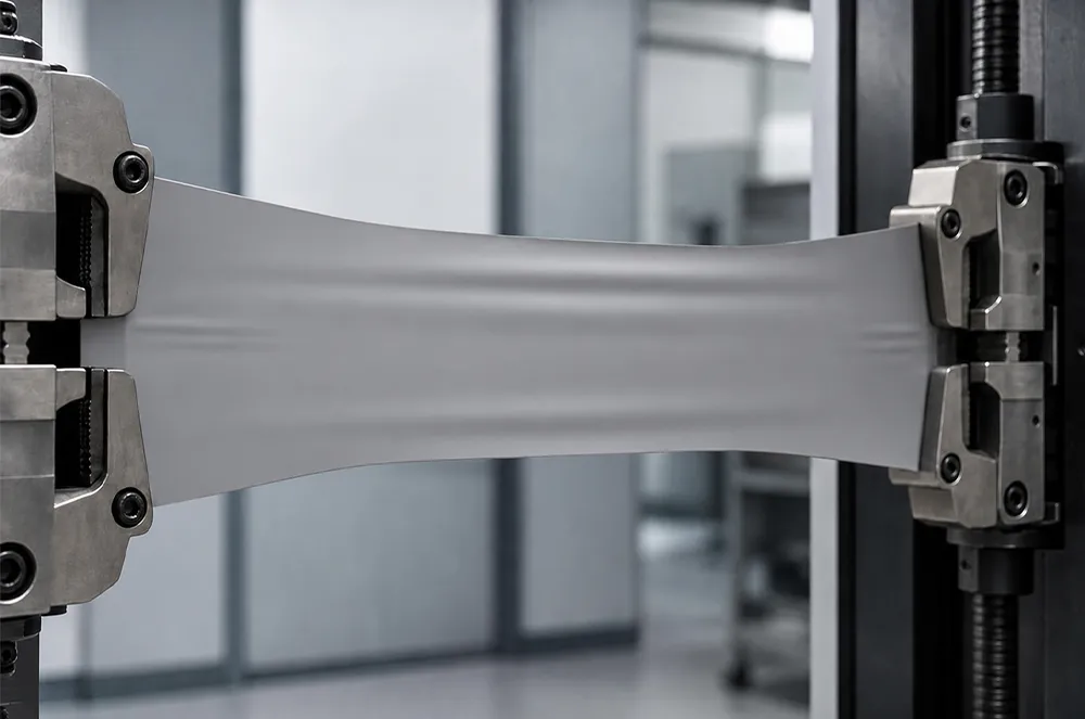 Coated fabric specimen under tensile testing for cargo trailer tarp material selection