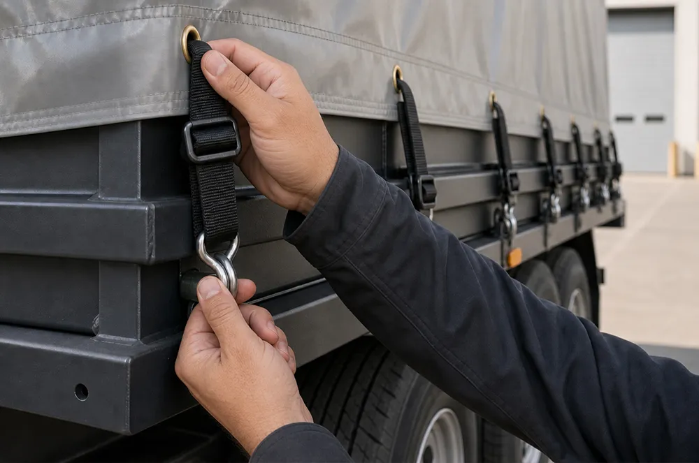 Fleet operator fastening a gray cargo trailer tarp with webbing straps and metal hooks