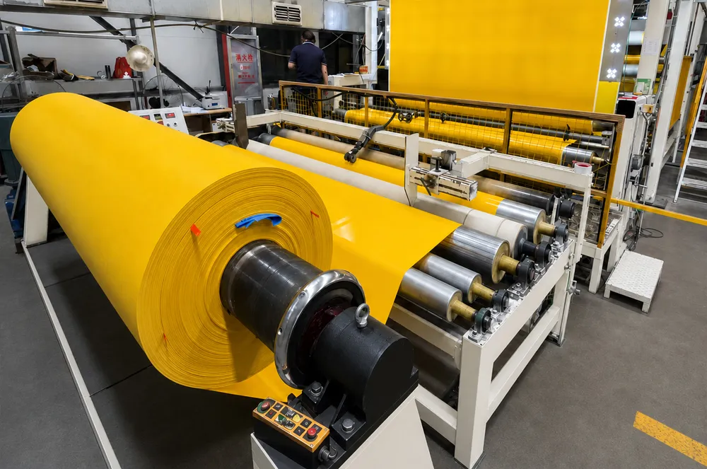 Yellow coated membrane material running through an industrial production line