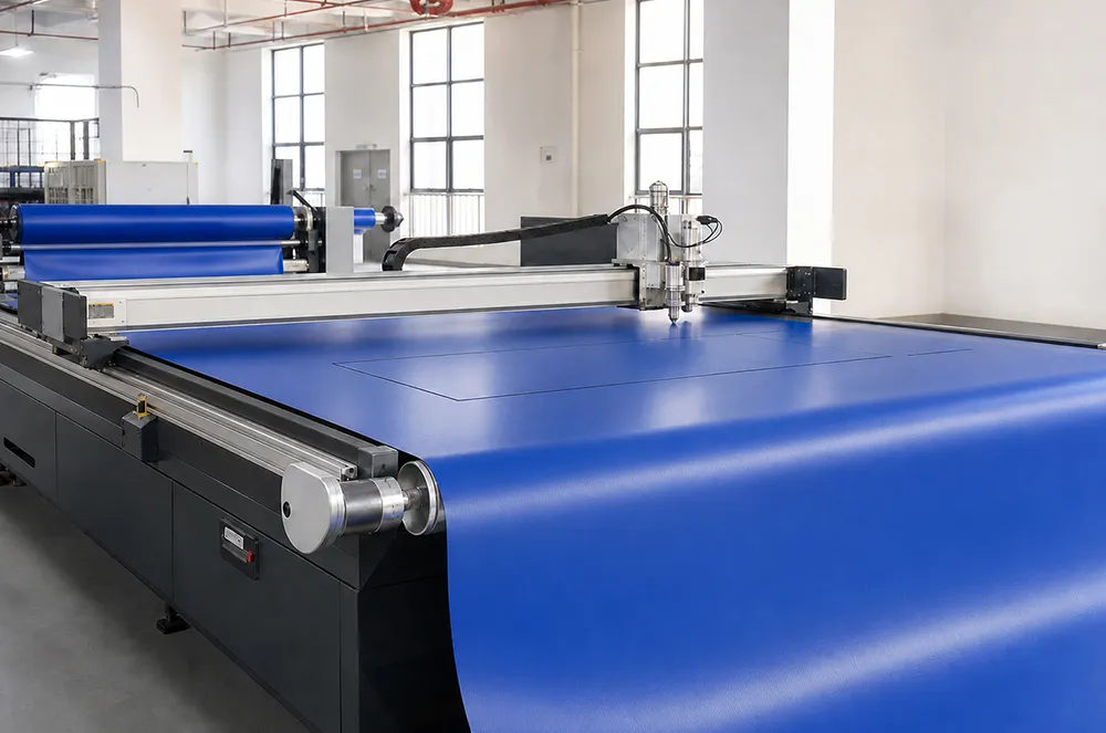 Blue coated fabric cut on automated production equipment for a custom container tarp