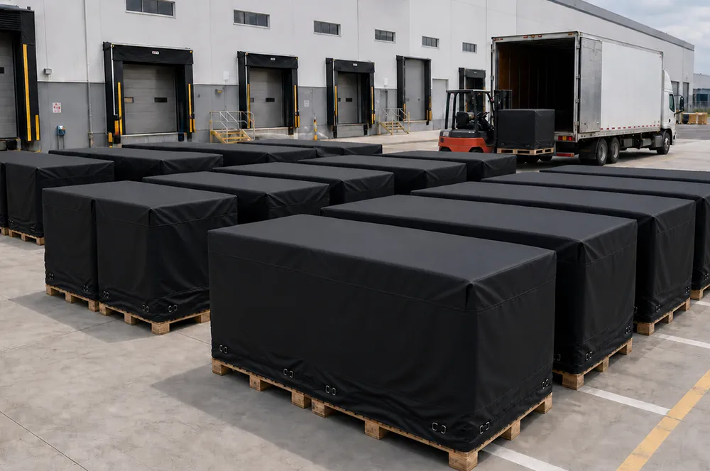 Black pallet covers protecting multiple loads beside a warehouse loading area