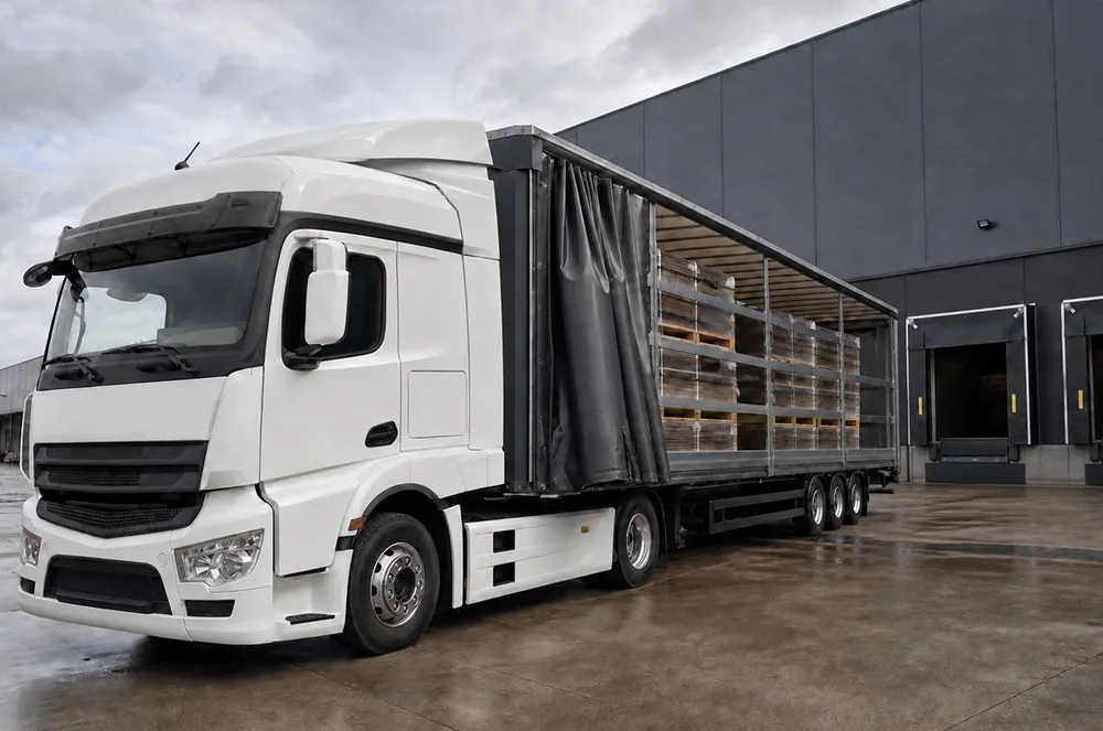 Curtain side truck opened for pallet loading at a logistics warehouse