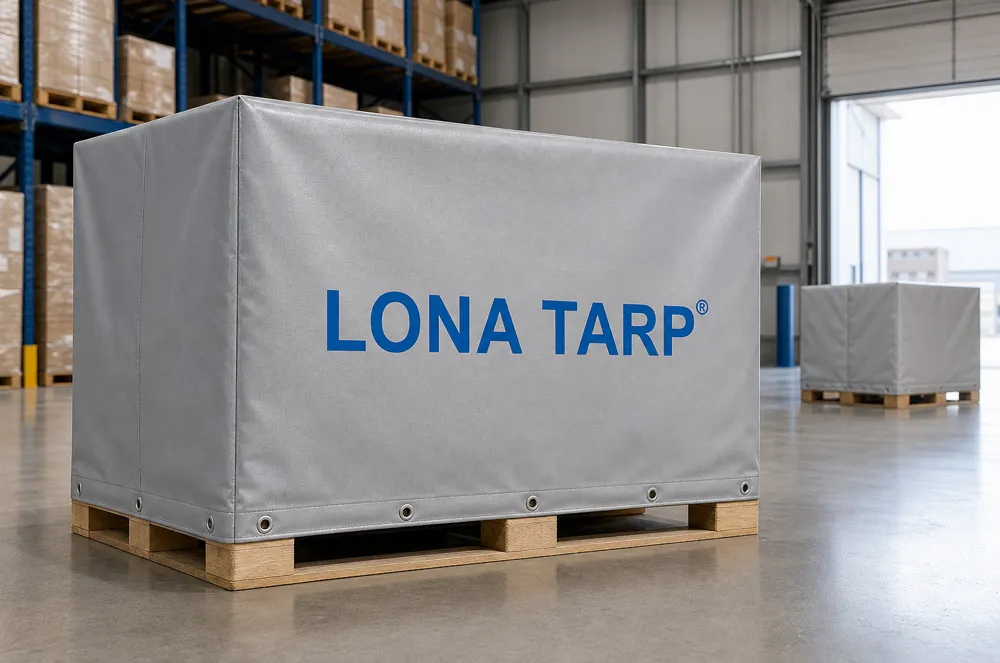 Silver LonaTarp pallet cover with fitted seams and reinforced eyelet edge