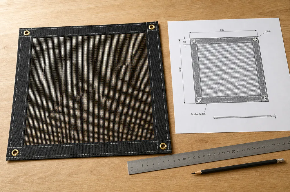 Custom mesh tarp sample checked against a dimensioned production drawing