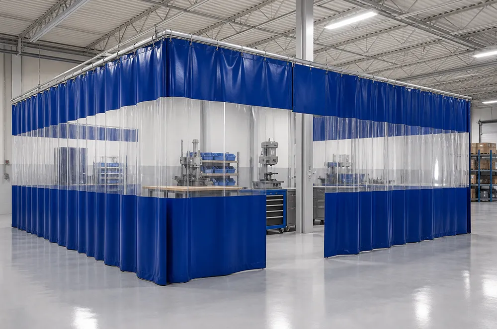 Custom blue and clear PVC curtain enclosure showing a configured finished tarp product