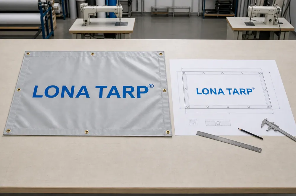 LonaTarp printed coated fabric sample with reinforced edges, eyelets and a production drawing