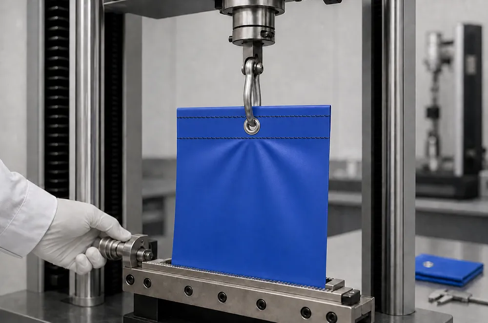 Reinforced blue tarp edge and eyelet undergoing a controlled strength test