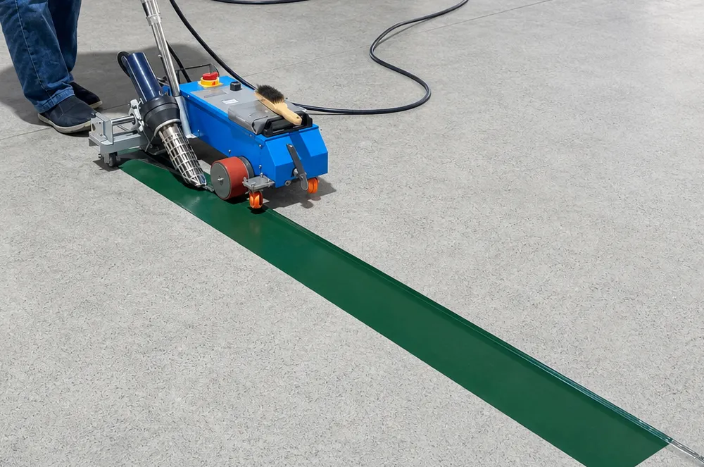 Hot-air welding equipment forming a seam on a green coated fabric sample