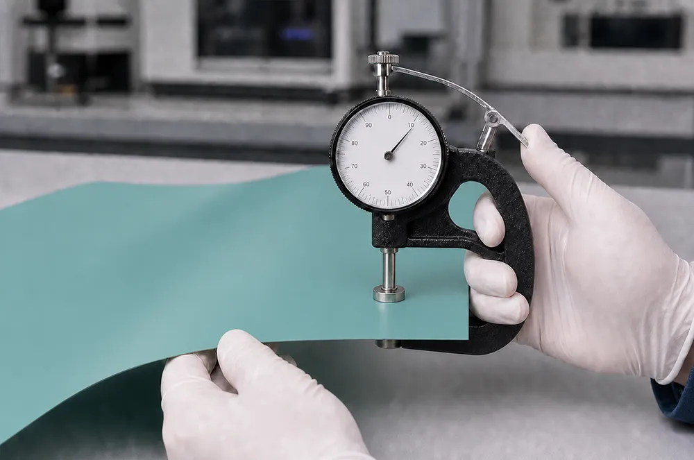 Flexible coated tarp material being checked with a thickness gauge