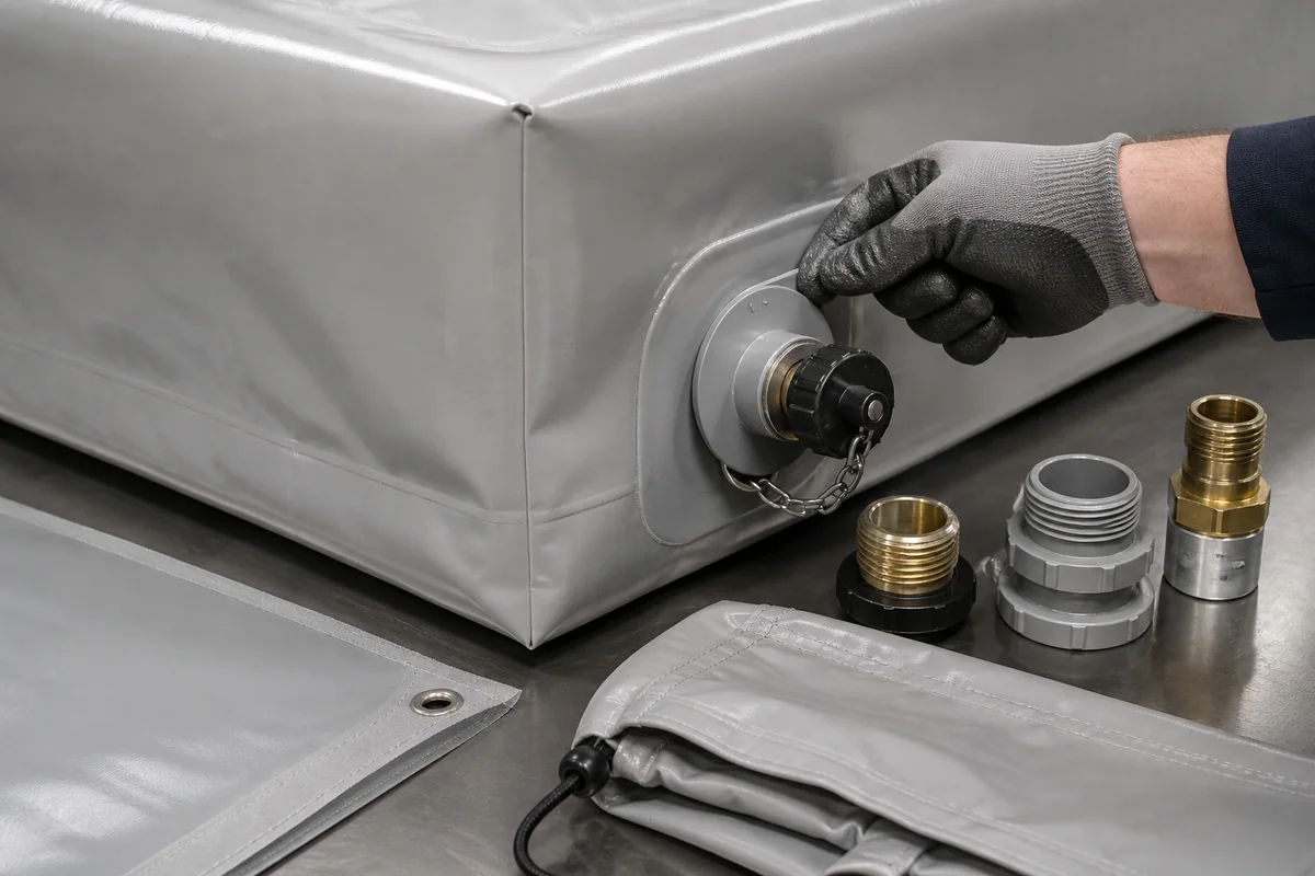 Flexible tank fittings welded seams and coated fabric options