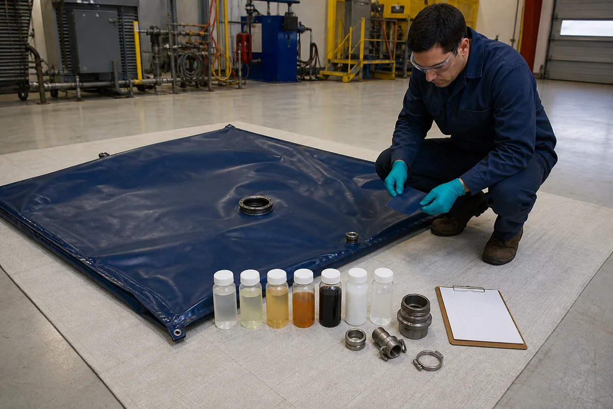 Flexible water tank liquid and material compatibility review before cleaning