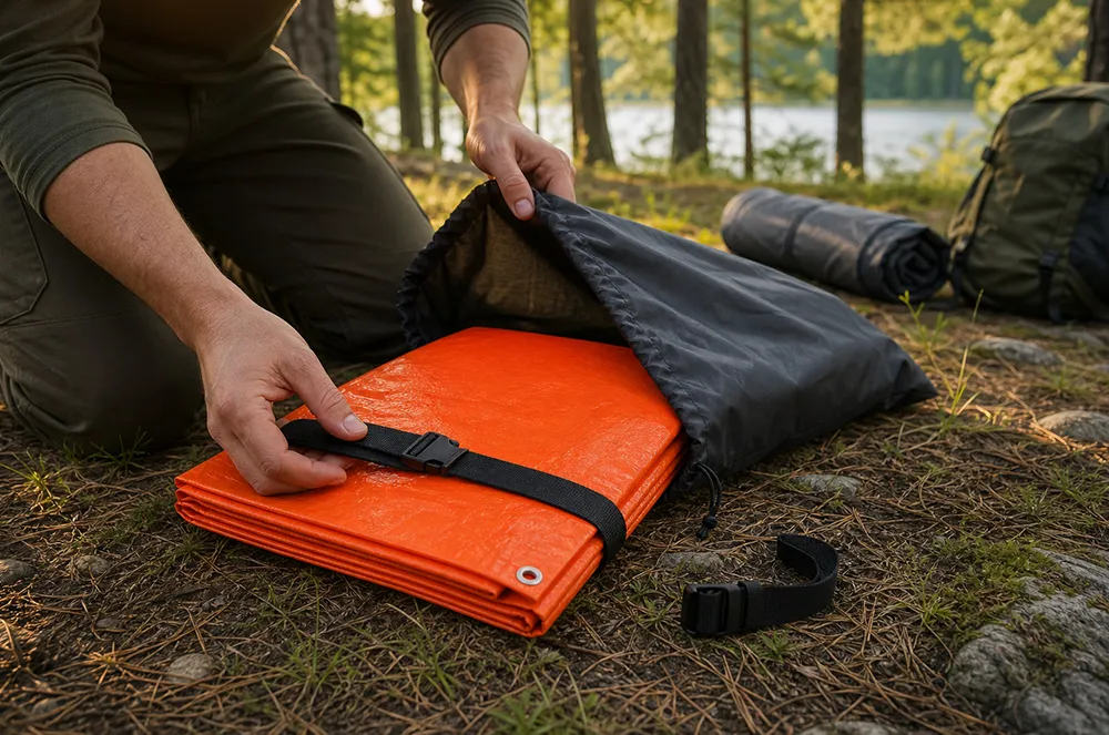 Folded orange camping ground tarp sample being packed for transport