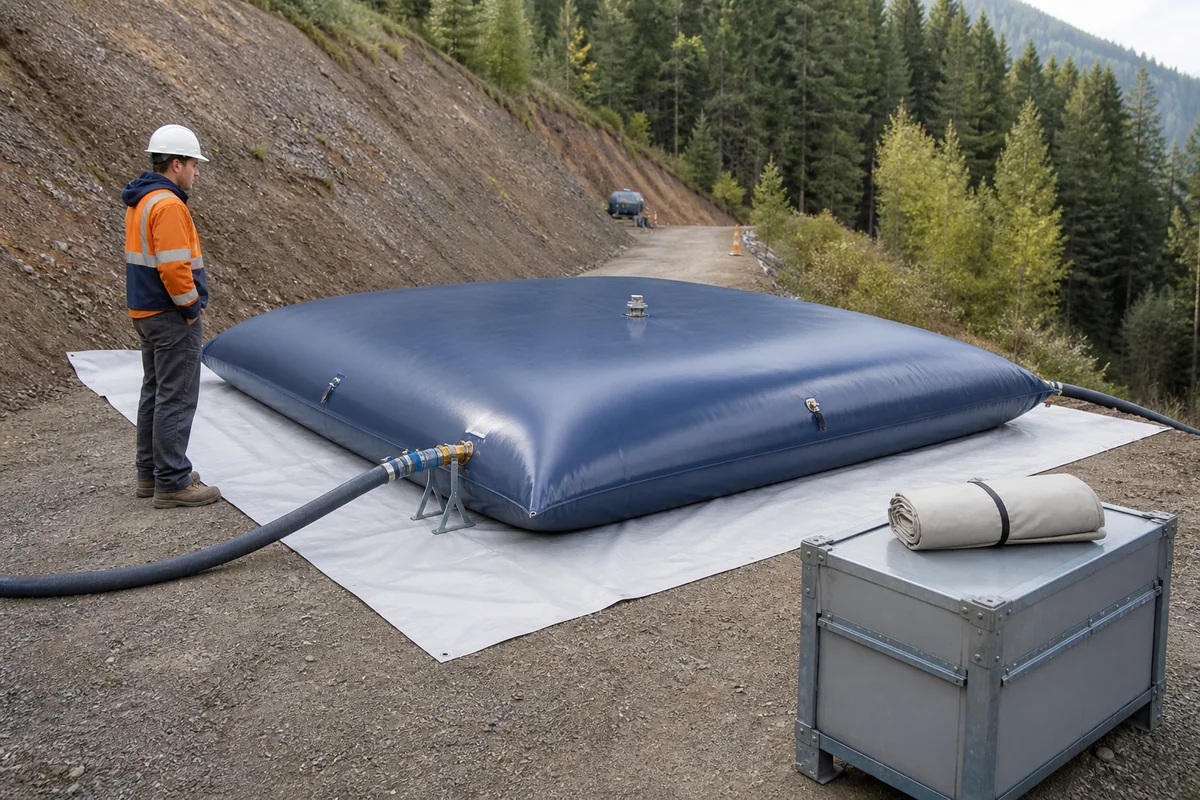 Industrial pillow tank deployed at a temporary remote water storage site