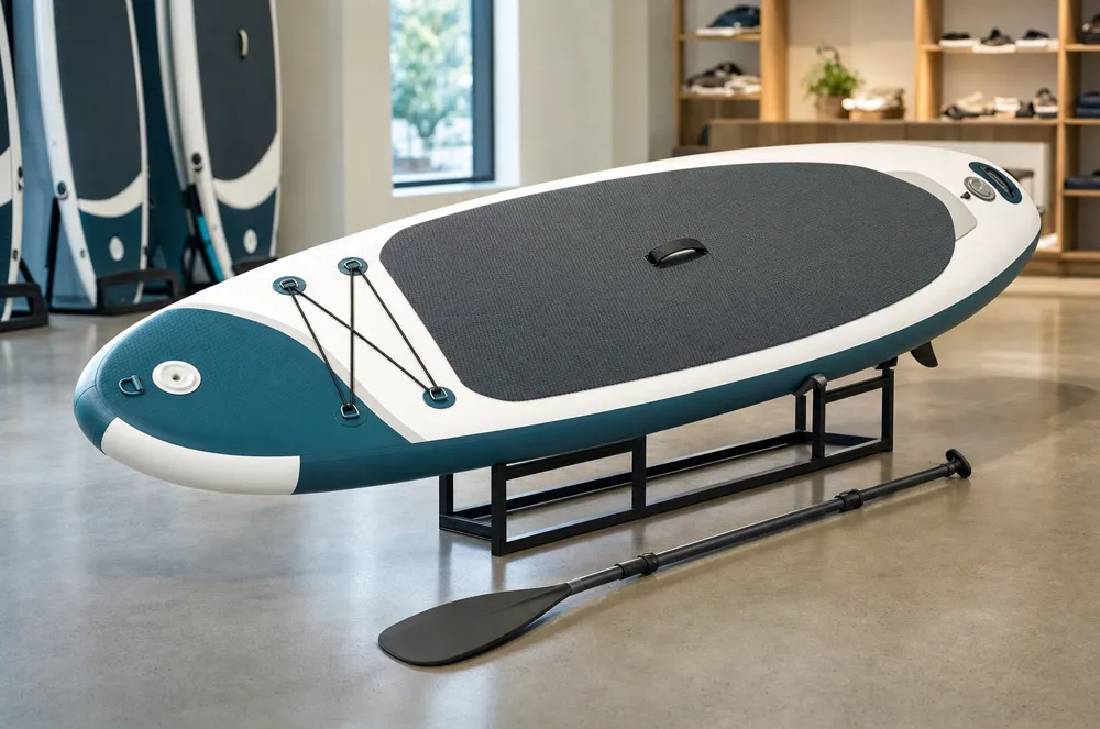 Inflatable stand-up paddle board displayed with a paddle in a product showroom