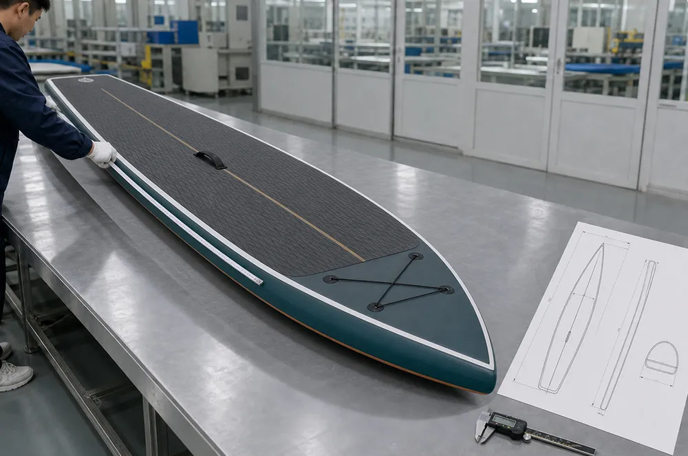 Inflatable SUP sample checked against a drawing on an inspection table