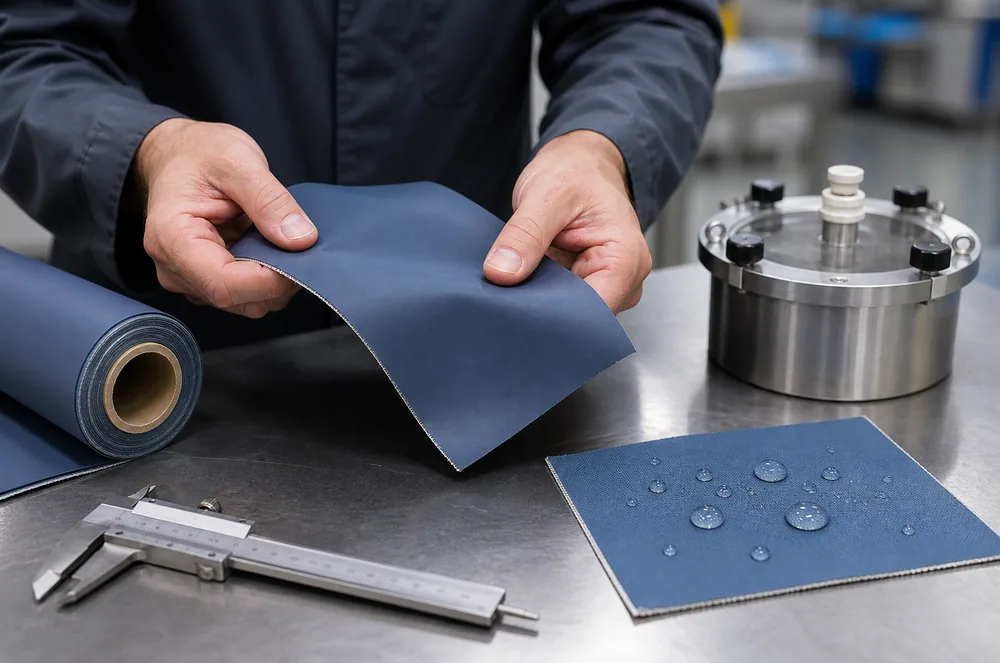 Engineer comparing TPU fabric breathability and liquid-barrier test samples