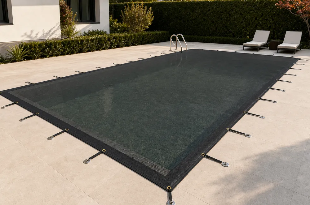 Black mesh pool cover installed with perimeter anchors over a rectangular pool