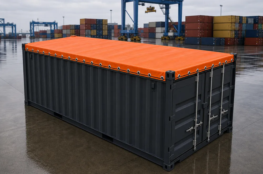 Orange container tarp fitted over a shipping container at a logistics terminal