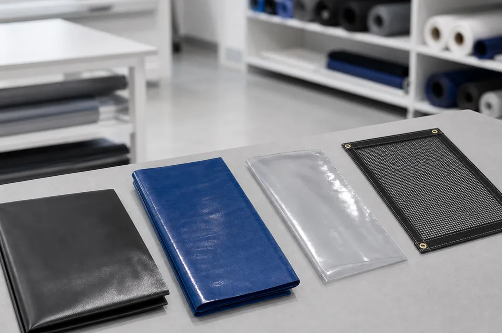 Flexible black, blue, clear and mesh material samples for pallet cover selection