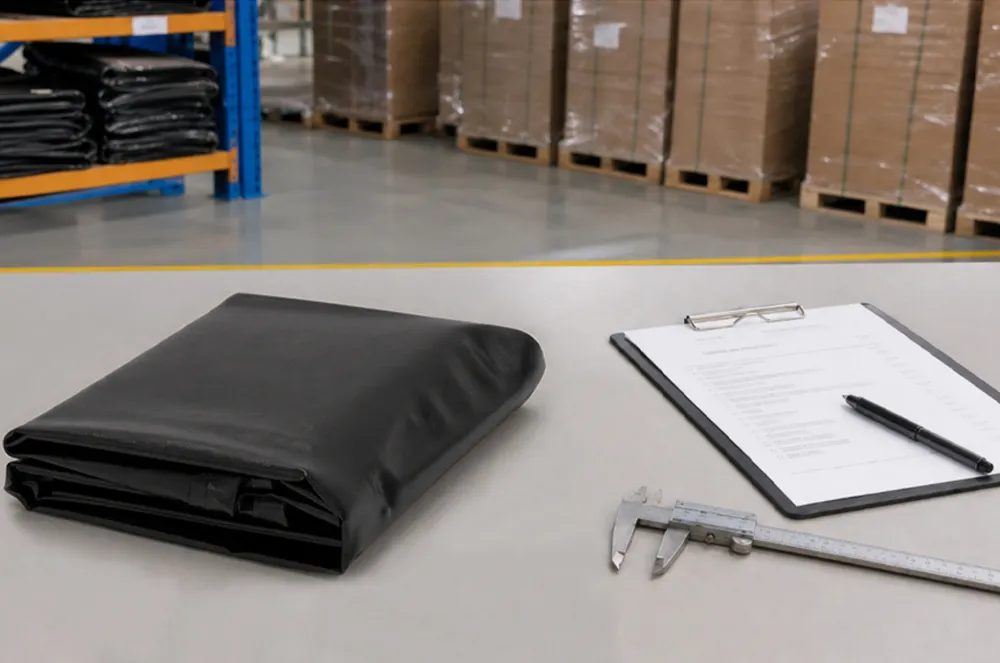 Folded black pallet cover sample beside a checklist and measuring caliper