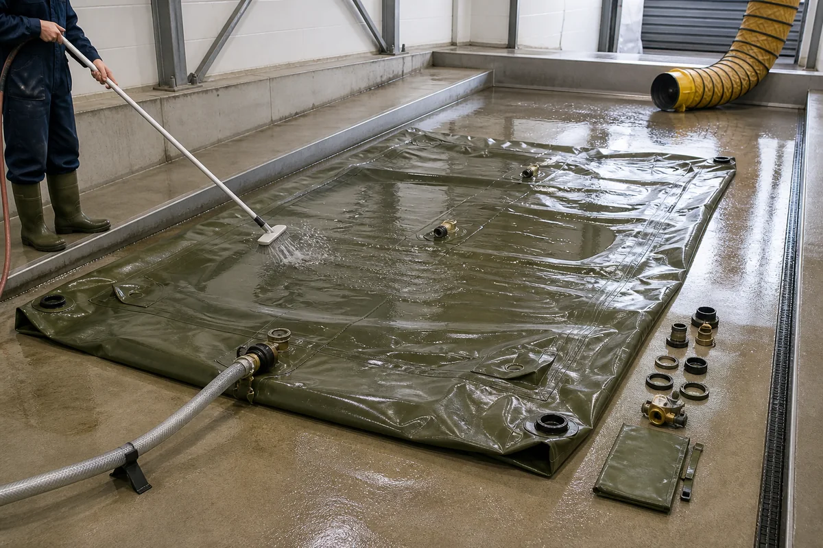 Pillow tank cleaning and drying process on a contained industrial wash pad