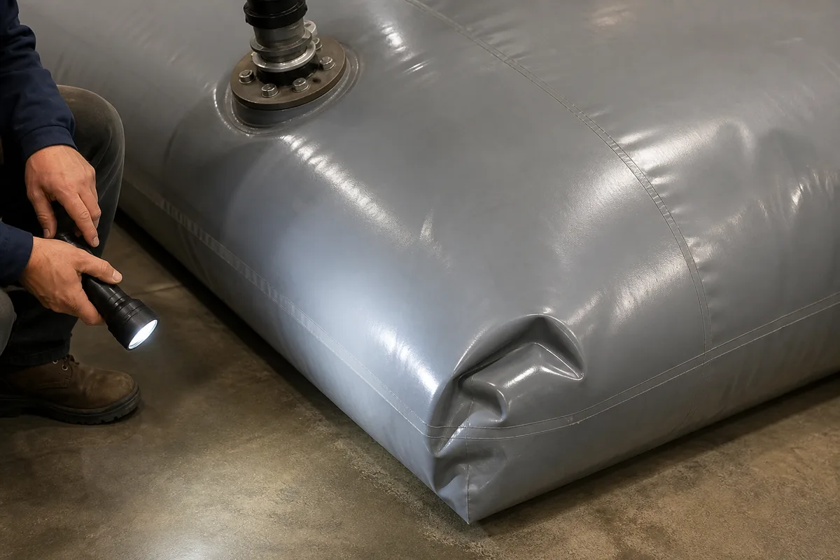 Pillow tank inspection points at seams fittings folds and ground contact areas