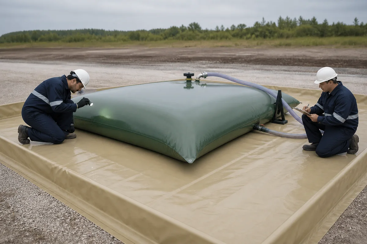 Staged pillow tank leak test with maintenance record after repair